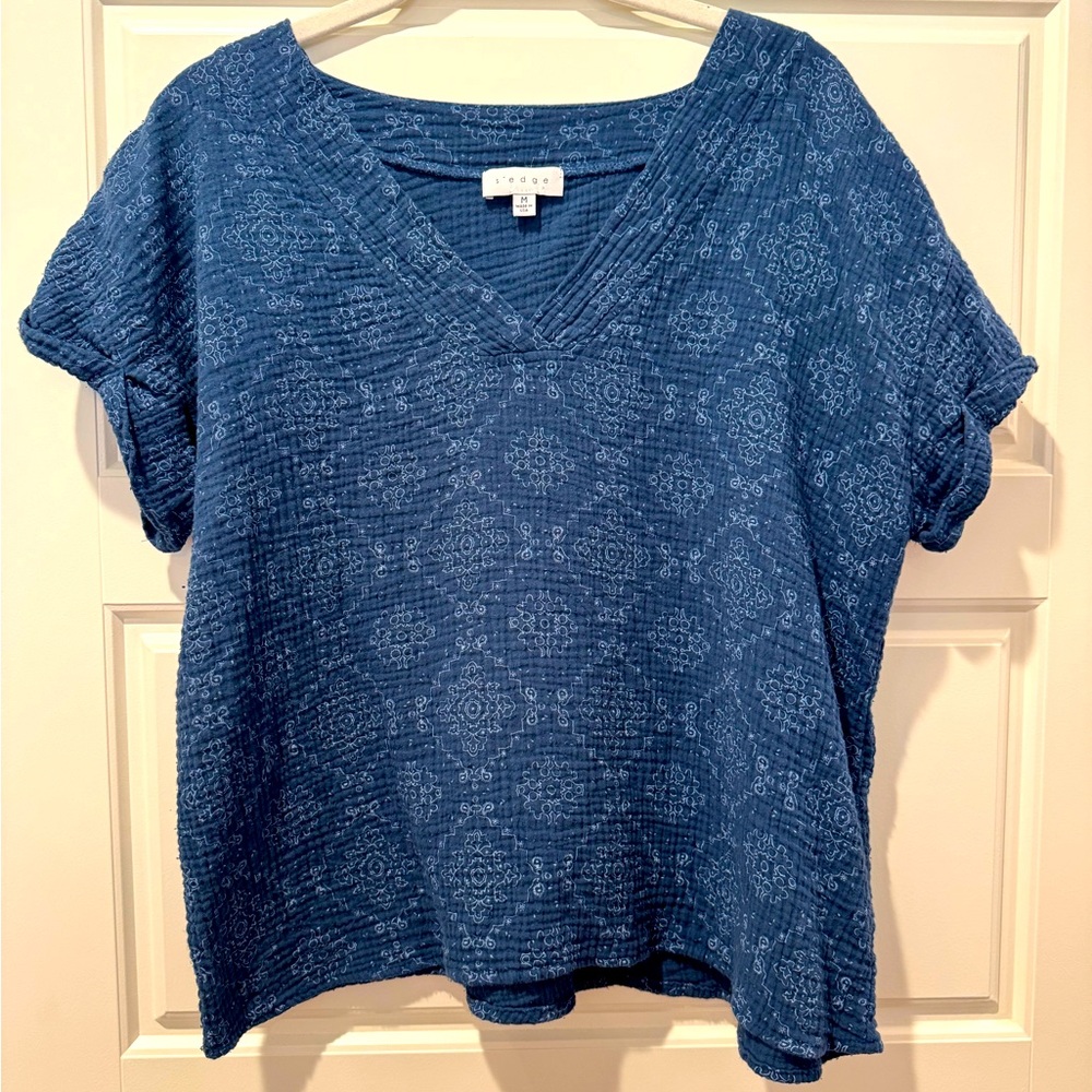 S’EDGE M Blue Boho Cotton Gauze Shirt